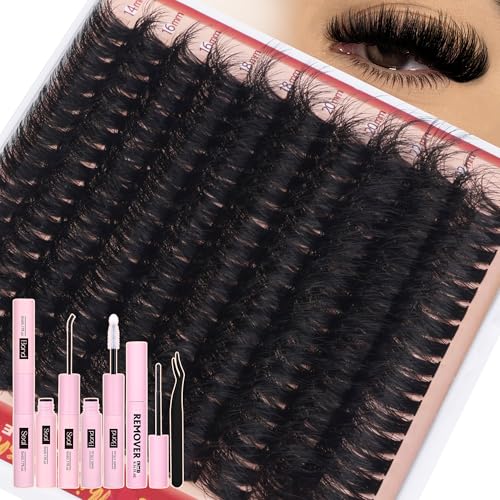 Fluffy Lash Clusters Kit Dramatic 270D Cluster Eyelash Extensions Kit 14-24mm Long Eyelash Clusters Kit Thick Volume Individual Lashes Bond and Seal Remover Tweezers Mega Lash Extension Kit by Eefofnn