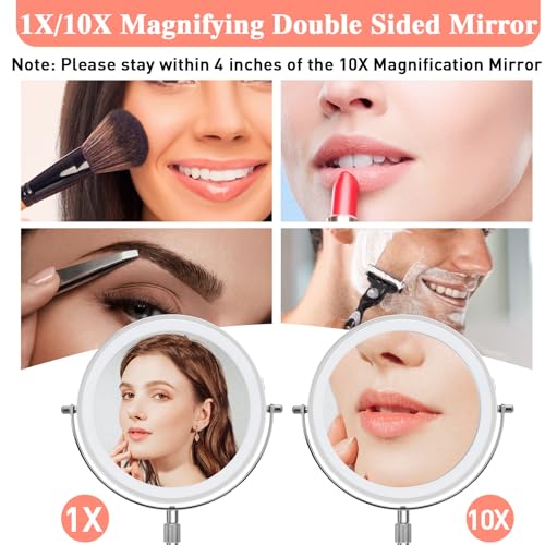 Lighted Makeup Mirror with Magnification, 10X 8¡¯¡¯Rechargeable Double Sided Vanity Mirror with Lights Magnifying Makeup Mirror with 3 Color Light with 360¡Æ Rotation, Detachable Base