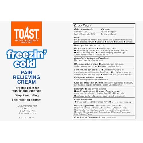 Toast Freezin Cold Extra Strength Pain Relief Cream for Muscles and Joints - 5 Ounces