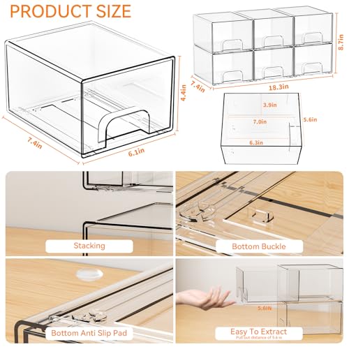 Yieach 6 Pack Small Stackable Storage Drawers,4.4 Inch Tall Stacking Acrylic Clear Storage Bins for Bathroom Vanity,Undersink,Pull Out Drawer Organizers for Beauty,Makeup,Medicine Cabinet Organizers