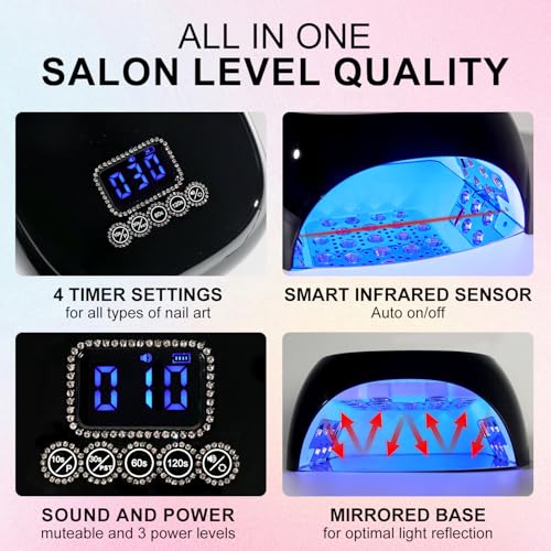 UV Light for Gel Nail, LIMEGIRL Cordless Nail Lamp with 1*Replaceable Lamp Beads, 4 Timer Settings & Touch Screen, Optional Mutes Mode & Power Control - Multifunctional Salon Use (Black)