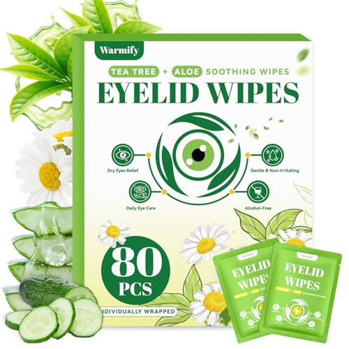 80 Pcs Eyelid Wipes with Tea Tree Oil, Individually Wrapped Eye Lid Cleansing Wipes for Sensitive Eyes, Alcohol-Free Daily Eyelid Cleanser & Gentle Eye Care