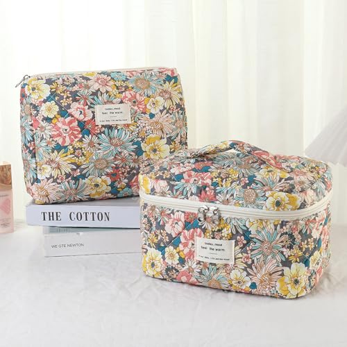 Makeup Bag, 3 PCS Quilted Makeup Bag, Cute Floral Cotton Cosmetic Bag set, Coquette Makeup Pouch Large Travel Toiletry Bag