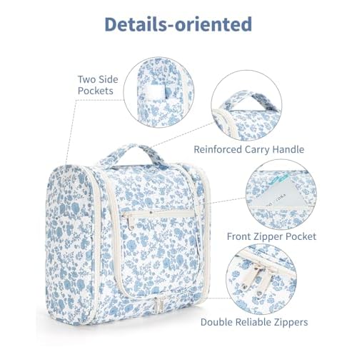 Narwey Large Hanging Toiletry Bag for Women Travel Makeup Bag Make up Organizer Toiletries Bag for Cosmetics Essentials Accessories (Large, Little Blue Flower)