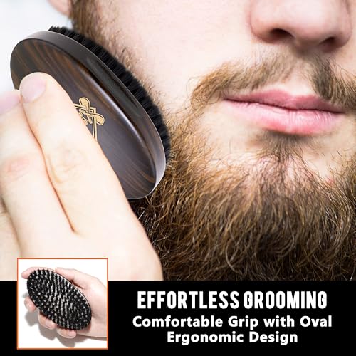 Professional Men's Beard Brush with Boar Bristles - Small Sized Travel Wooden Mustache Brush for Daily Grooming & Styling (Hat)