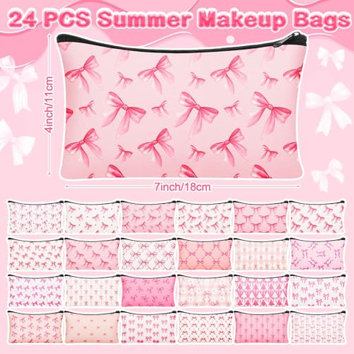 24 Pieces Funny Cosmetic Bags Bulk Make up Bags Zipper Canvas Purse Organizer Pouch Portable Travel Toiletry Pouch for Women Inspirational Gifts, 7 x 4 Inch(Bow)