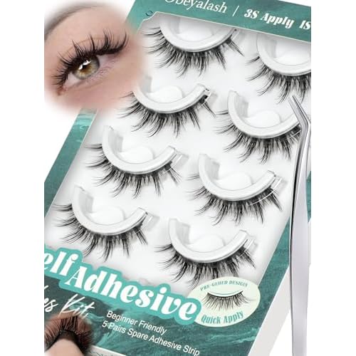 Obeyalash Self Adhesive Eyelashes Manga Look, Black Band & Black Adhesive, Waterproof Press on False Lashes,5 Pairs Natural Look Stick on False Eyelashes, Wispy Glueless Lashes with Tweezers (6D30)