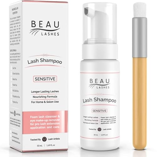 Eyelash Extension Foam Cleanser Shampoo & Brush (150ml) - Oil Free Sensitive Paraben & Sulfate Free Eyelid/Lash Foaming Wash Cleaner To Remove Makeup & Mascara - Ideal For Salons And Home Care