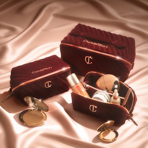 Charlotte Tilbury Travel Makeup Bag of My Dreams - Quilted Velvet Skincare, Fragrance & Cosmetic Organizer with 5 Compartments, Zip Pocket & Top Handle - Iconic Night Crimson Toiletry Bag
