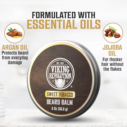 Viking Revolution Sweet Tobacco Beard Balm for Men and Sweet Tobacco Beard Oil Bundle - With Argan and Jojoba Oils - Soften and Moisturize your Beard