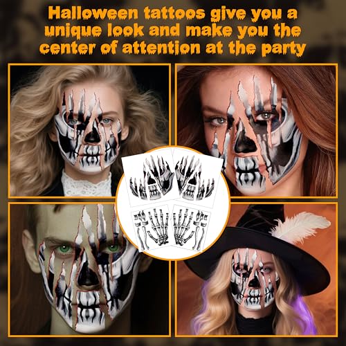 4 Sheets Halloween Tattoos, Horror Halloween Face Temporary Tattoos, Waterproof Fake Skeleton Zombie Face Tattoos Stickers Make Up Accessories for Carnival Makeup Halloween Masquerade