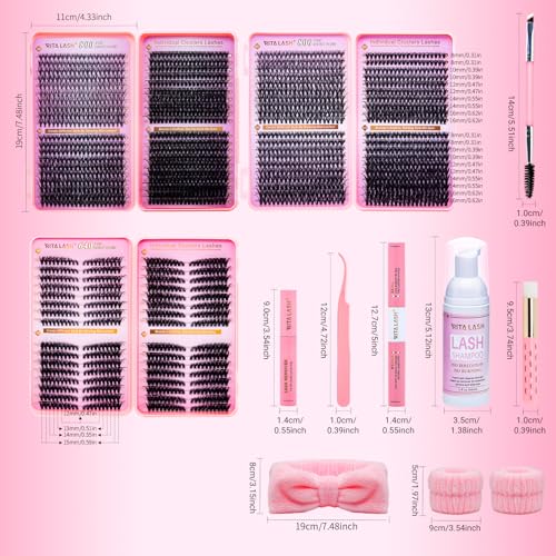 Lash Clusters Kit Eyelash Clusters Kit Cat Eye Lashes Large Pack Cluster Eyelash Extensions Lash Extension Kit Pesta?as Postizas Naturales with Lash Bond&Seal,Remover,Tweezers,Cleanser(Lash Kit-5)