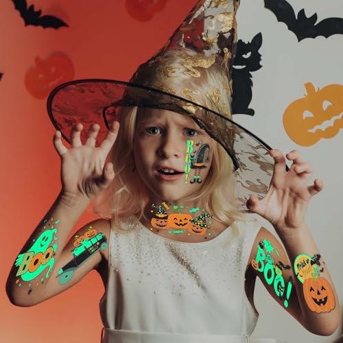 Winthrop 100 Pcs Glow in The Dark Halloween Temporary Tattoos for Kids, Individually Wrapped Waterproof Large Luminous Tattoos, 25 Cute Designs, Trick-or-Treat Party Favors, Candy Bag Alternatives