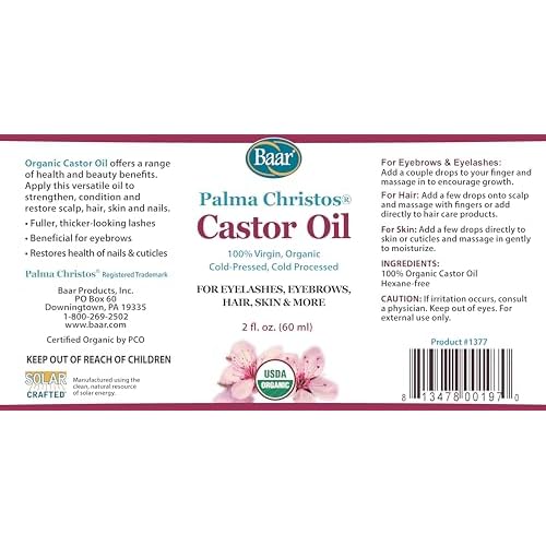 Baar Palma Christos Castor Oil, Organic, 100% Pure, Cold-Pressed, Hexane-Free Products. Helps with Conditions for Hair Growth for Eyebrows, Hair, and Eyelashes. Natural Hair Treatment Oil 2 oz.