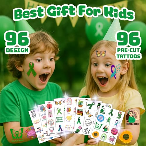 96 PCS Health Inspirational Pre-Cut Temporary Tattoos for Kids Theme Birthday Party Decorations Supplies Favors Decor, Cute Motivational Stickers Tattoo Gifts for Women Men Boys Girls Prizes