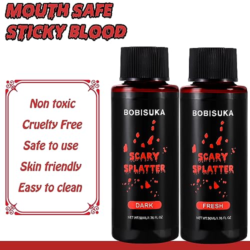 BOBISUKA 2PCS Halloween Fake Blood Makeup Kit - Fresh Red + Dark Red Realistic Washable Special Effects SFX Makeup Set, for Zombie Vampire Cosplay Monster Mouth Clothes Dress Up