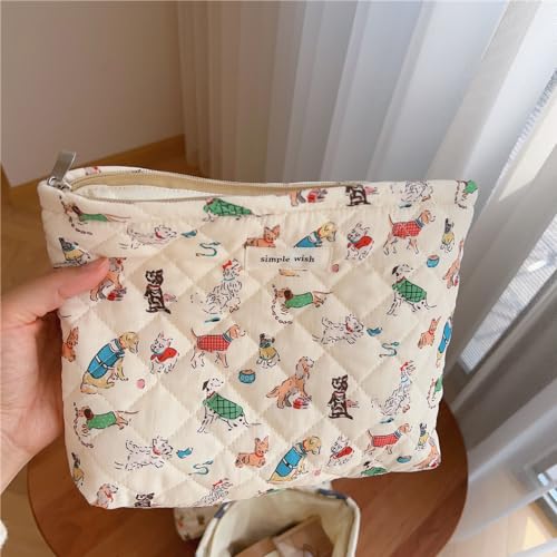 Quilted Cotton Makeup bag Cute Animal Cosmetic bag,Cotton Aesthetic Makeup Bag Large Capacity Travel Toiletry Bag for Women and Girls(01Dog)