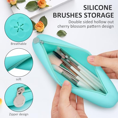 Travel Makeup Brush Holder, Silicone makeup brush bag with Zipper, Portable Makeup Brush Pouch Cosmetic Bag, Large Makeup Brush Travel Case for Daily Work or Gift
