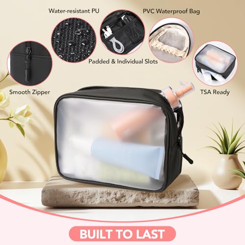 Travel Toiletry Bag 5-Piece Kit, Hanging Toiletries Bag+TSA Approved Cosmetic Bag+Jewelry Bag+ Brush Bag+Cable Bag, Professional Travel Essentials Accessories Organizer for Women- Black