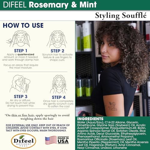 Difeel Rosemary & Mint Styling Souffl? 12 oz. - Nourishing Curl Defining Souffle for Wavy Hair, Curly Hair & Coils