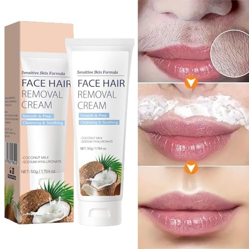 Facial Hair Removal Cream for Women, Coconut Facial Depilatory Cream for Sensitive Skin Hair Remover for Upper Lip and Chin for Face Cleansing & Soothing, Gentle and Non-irritating 1.76 Oz