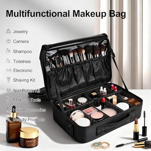 Greenfeather Travel Makeup Bag, Professional Cosmetic Train Case Organizer, Portable Travel Cosmetic Brush Bag Holder Makeup Artist Storage Box with Adjustable Dividers and Shoulder Strap, Black
