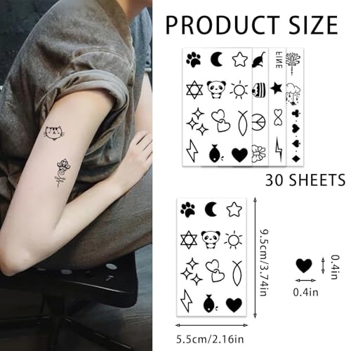 30 Sheets Cute Tiny Temporary Tattoos for Women Men Finger Hands, Fake Tattoo Stickers Bulk Black Long Lasting Waterproof Tattoos for Adults Neck Arms