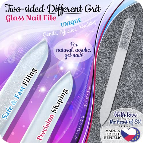 GLADZY Genuine Czech Glass Nail File Set - Callus Remover Foot Rasp, Cuticle Pusher Manicure Stick, Double Sided Etched Different Grit Surface, Professional Nail Care Tool, Made in EU