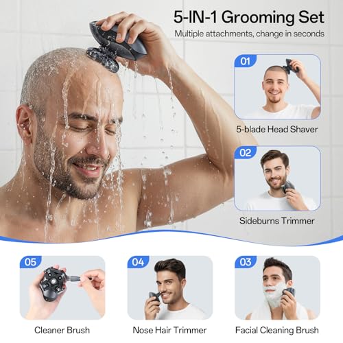 Electric Razor for Men, Head & Body Hair Shaver for Men, Cordless Rechargeable Wet/Dry Bald Head & Groin Waterproof Razor with Rotary Blades,Clippers, Beard Trimmer,Nose Trimmer, Brush (Gray)