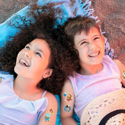 Partywind Glow Space Tattoos for Kids, 150 Styles Luminous Spaceship Planets Astronaut Fake Tattoo Stickers for Space Birthday Party Supplies, Cute Goodie Bag Stuffers for Boys