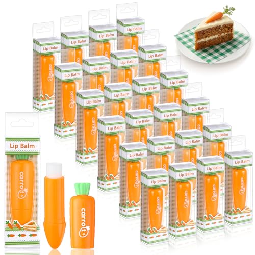 24 Pcs Easter Beauty Gifts Bulk Carrot Lip Balm Bulk Moisturizing Nourishing Lip Care Easter Basket Stuffers Goodie Bag Fillers Spring Gift Ideas for Women Adults (Red Velvet Carrot Cake)