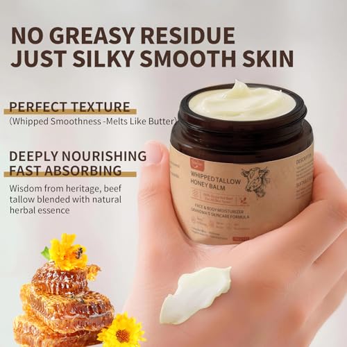 Beef Tallow for Skin, Beef Tallow Honey Balm-100% Organic Grass-Fed-handmade Whipped-Face & Body Moisturizer cream£¬with Manuka Wild Honey, Natural Skin Care for Sensitive, Dry Skin, Body Lotion. 2oz