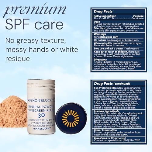 Brush On Block Mineral Sunscreen Powder Refill, Natural Broad-Spectrum SPF 30, Safe for Sensitive Skin, UVA UVB Face Protection, Reef Friendly (Translucent - Refill)