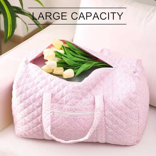 2 Pack Floral Travel Duffel Bag Large Quilted Travel Duffle Bag and Floral Makeup Pouch Portable Gym Lightweight Weekender Organizer with Zipper Pockets Grocery Pouch for Women(Pink)