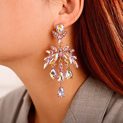 Xerling Pink Rhinestones Chandelier Tassel Drop Earrings for Women Iridescent Statement Teardrop Crystal Stud Earrings for Wedding Bling Bridal Earrings Dangling (Pink)