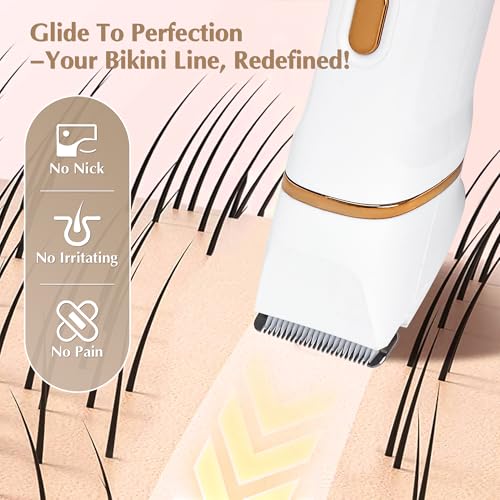 Electric Bikini Trimmer for Women - 5 in 1 Rechargeable Electric Razors for Women, IPX7 Waterproof Pubic Hair Trimmer, Painless Womens Body Shaver, Facial Razor & Nose Hair Shaver, White