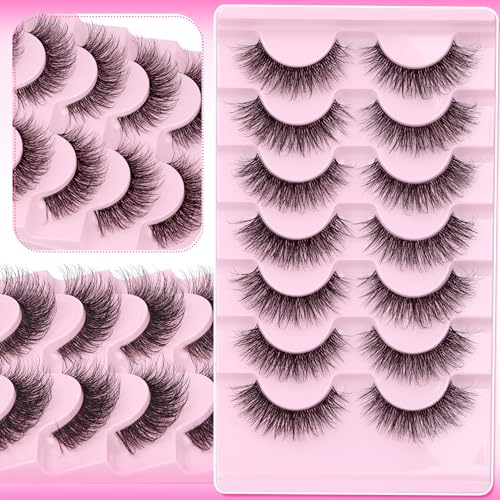 Mink Lashes Wispy False Eyelashes Clear Band Fake Strip Lashes Natural Look 18 mm Cat Eye Eyelashes Pack Pesta?as Postizas Naturales Soft 3D Lashes, 7 Pairs