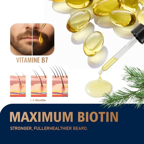 Biotin Beard Growth Kit for Men with Conditioning Oil and 0.25mm Massager Roller, Sandalwood Serum with Castor and Jojoba Oil, Grooming Softer Thicker Healthier-Looking Mustache Beard Care
