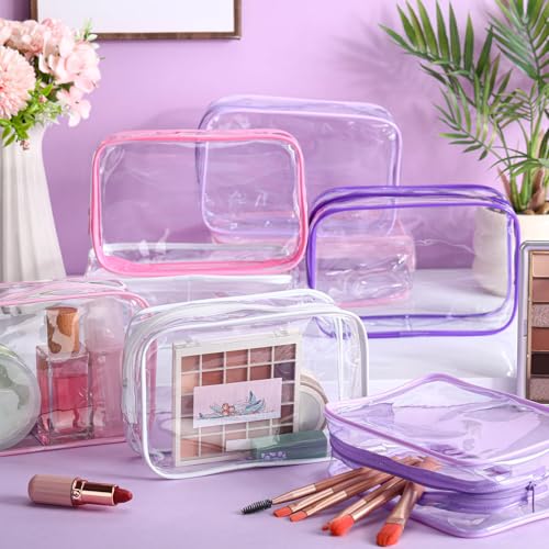 15 Pcs Clear Makeup Bag with Zipper PVC Toiletry Bag Portable Waterproof Make up Pouches Clear Makeup Case Organizer for Women Travel Toiletries Bathroom Organizing (Pink and Purple)