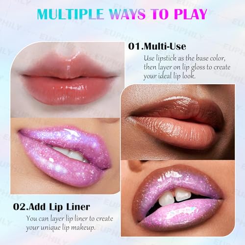 Chameleon Glitter Lip Gloss Hydration Plumping Liquid Lipstick for Women, Holographic Color Shifting Moisturizing Lips Stain Oil, Natural Long Wear Nourishing Shimmer Matte Nude Lips Makeup #01 Purple