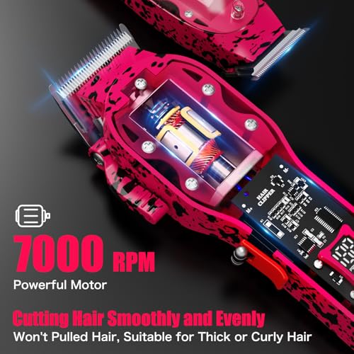 Professional Hair Clippers for Men, Cordless Barber kit for Hair Cutting & Grooming, Hair Clippers and Trimmer Set for Barber Haircut with LED Display, 8 Fade Taper Combs(Pink Set)