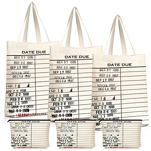 Sieral 6 Pcs Librarian Gifts for Women Library Book Tote Bag Due Date Cards Librarian Gifts Stamp Canvas Vintage Toiletry Bag Aesthetic with Zipper for Book Lovers Women Teacher Valentine