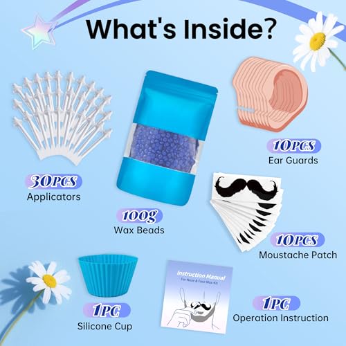 Nose Wax Kit Men, 100g Wax Beans, Ear Hair Removal, Nose Waxing, 15-20 Uses 30 Applicators Ear wax kit Hair Removal for Men and Women,Safe Quick Painless Hair Remover Kit