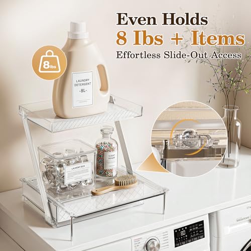 3-Tier Bathroom Countertop Makeup Organizer - Tall Big Make Up Storage with Slide-Out Tray & Bottom Drawer, Transparent Acrylic for Cosmetics Brushes Lipsticks Skincare