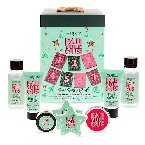 MAD BEAUTY FabYuleOus 7 Day Beauty Garland Advent Calendar, 7 Days of Bath & Body Goodies, Body Wash, Lotion, Bath Salts & Fizzers, Lip Balm