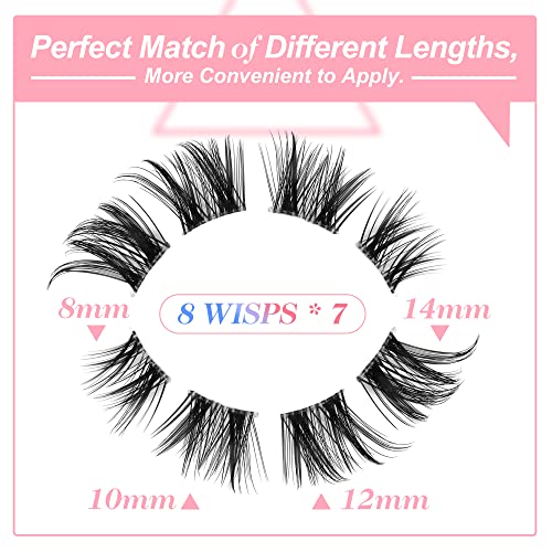 Cluster Lashes 56 Wisps DIY Lashes Natural Look Cat Eye Clear Band Mink Lashes Pack 8-14mm Wispy 3D False Eyelashes by ALICE (Pack of 2)