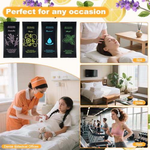Moist Cotton Towel Bulk Moist Towelettes Individually Wrapped 8.7" x 8.7",White Towel Services,Refreshment Pre Moistened Towels Lavender,Lemon,Mint and Unscented for Sport Party Spa (pack of 200)