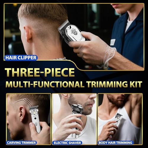 Hair Clippers for Men, 3-Piece Professional Grooming Kit Includes Hair Clipper, LED Power Display,Detail Trimmer and Nose Trimmer, Complete Cordless Set for Home Barber Use (Black)