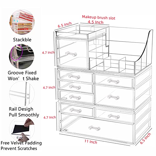 Cq acrylic 3 Pack Clear Make up Organizer Countertop,Stackable 9 Drawers Makeup Storage,Cute Vanity Organizers for dresser Hair Clip,Jewelry,Beauty Product Desk and Bathroom Organizers and Storage