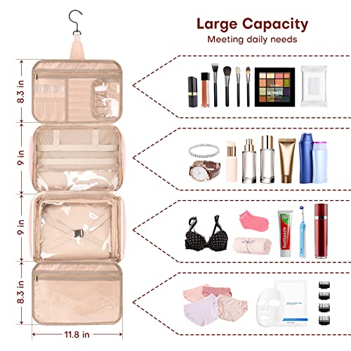 Hanging Travel Toiletry Bag for Men, Large Makeup Bag for Women, Water-resistant PU Leather Dopp Kit Shaving Bag For Full Sized Toiletries,Cosmetics Travel Organizer for Accessories (pink)